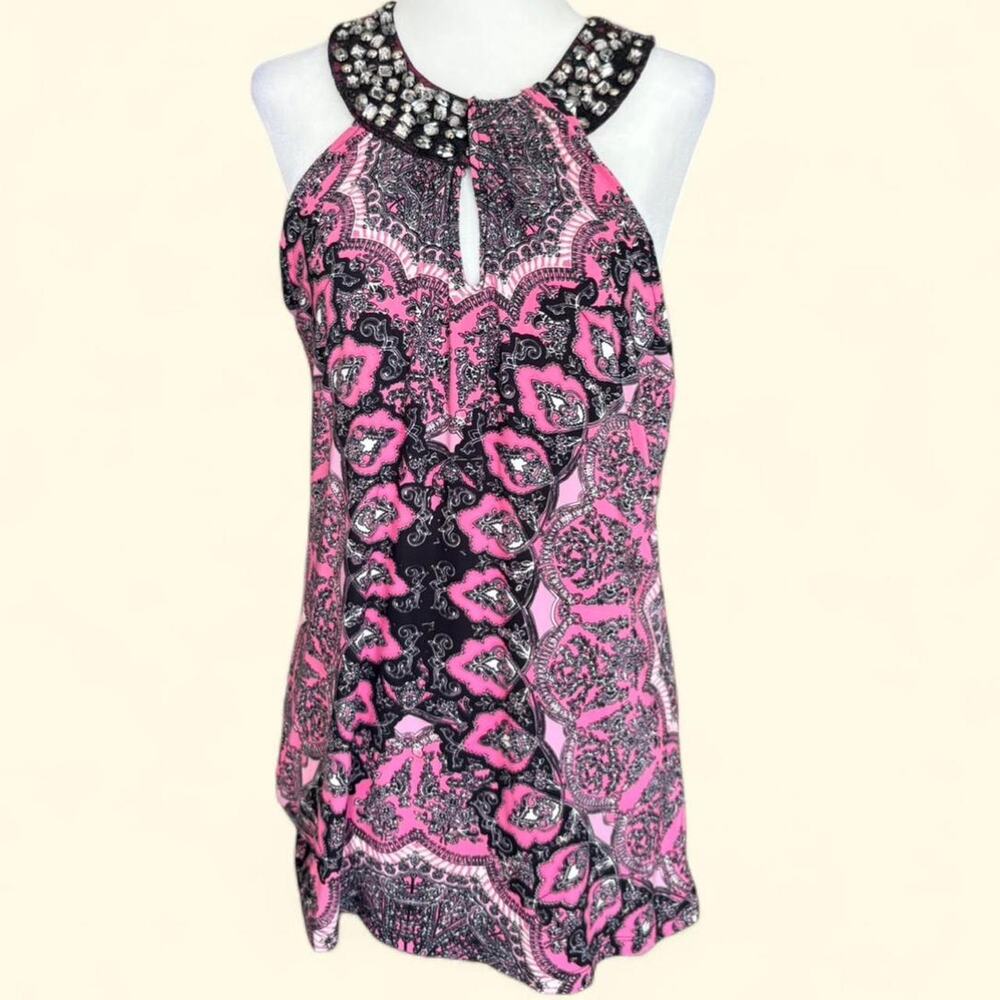 INC Y2K Hot Pink & Black Paisley Bratz Style Rhinestone Beaded Halter Top
